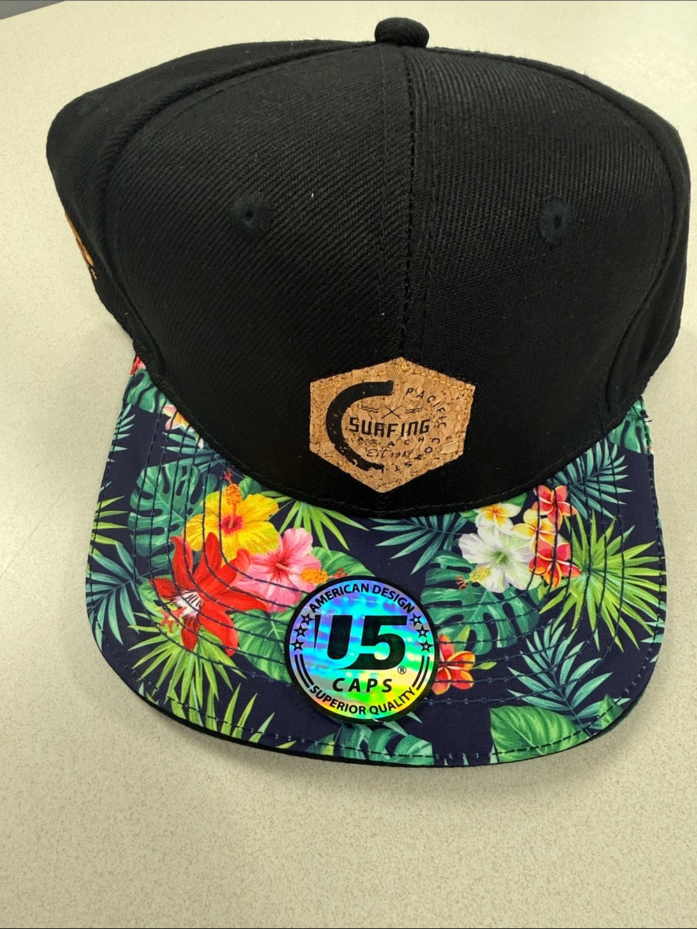 American Design Black Snapback Hat with Tropical Floral Brim